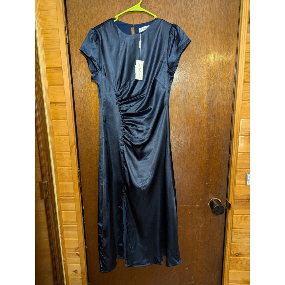 Petal + Pup Navy Satin Ruched Midi Dress Medium Elegant Evening Cocktail